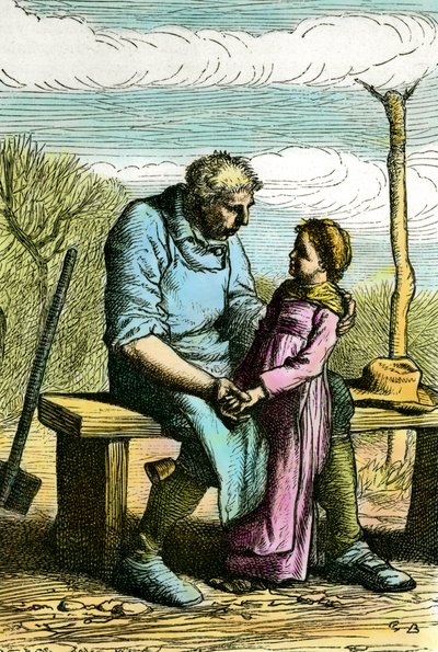 Cosette og Jean Valjean. Illustrasjon til romanen «Les miserables» av Victor Hugo (1802-1885) Gravering fra 1865 Privat samling av Unknown artist