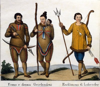 Drakt. Til venstre: Et par grønlandske eskimoer med sitt barn. Til høyre: Labrador Eskimo. Litografi fra begynnelsen av 1800-tallet av Unknown artist