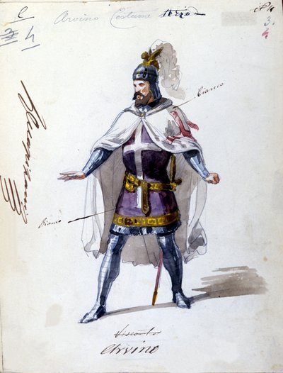 Kostyme for opera "" I Lombardi"" eller "" Les Lombards à la première Crusade"" komponert av Giuseppe Verdi (1813 - 1901) i 1843. Anonym akvarelltegning. Alvino-karakter for forestillingen på Scala i Milano. av Unknown artist
