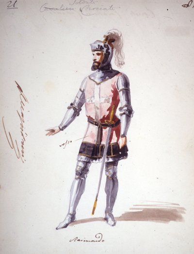 Kostyme for opera "" I Lombardi"" eller "" Les Lombards à la première Crusade"" komponert av Giuseppe Verdi (1813 - 1901) i 1843. Anonym akvarelltegning. Karakter av Raimondo for forestillingen på Scala i Milano. av Unknown artist