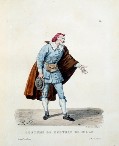 Kostyme til Niccolo Barbieri, kjent som Beltrame av Milano (død 1641) i 1600. Kostyme til den italienske komedien (commedia dell