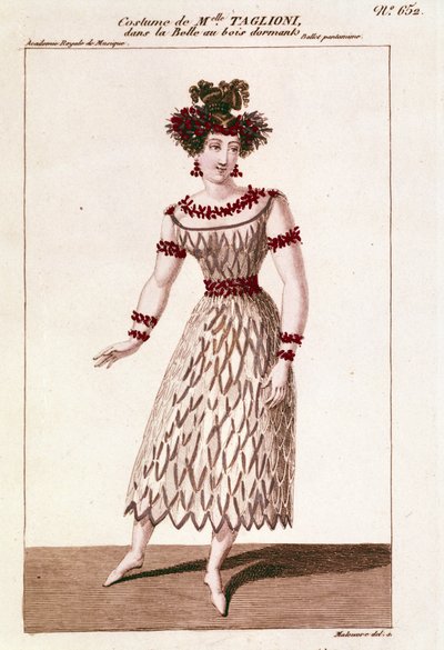 Kostyme til danser Maria Taglioni (1804-1884) i balletten "Sleeping Beauty"" av Piotr eller Petr Ilyich Tchaikovsky (eller Tchaikovsky eller Ciajkovskij eller Tchaikowsky) av Unknown artist