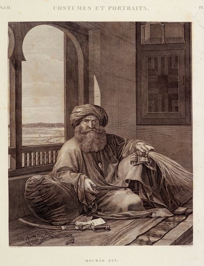 Kostymer og portretter: Mourad Bey (1750-1801) Mamluk-høvding (Murad Bey Egyptian Mamluk-høvding (Bey)) i "" Description of Egypt"", Editions imperiales av Unknown artist