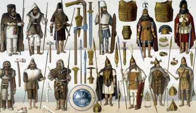 Kostymer, rustninger og våpen til barbariske krigere av Unknown artist