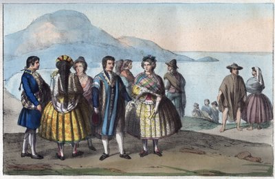 Costumes of the people of Concepcion, Chile - engraving from “” Usi e Costumi di Tutti i i Popoli dell