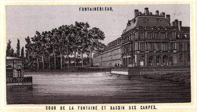 Court of the Fountain and Bassin des carps of Fontainebleau (Seine og Marne, Ile-de-France-regionen, Frankrike). Kromolitografi fra slutten av 1800-tallet. av Unknown artist
