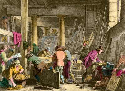 Håndverk: "" Verksted til Sieur Jadot-snekkeren"" Arbeidere i arbeid på 1700-tallet. Gravering fra 1800-tallet. Privat samling av Unknown artist