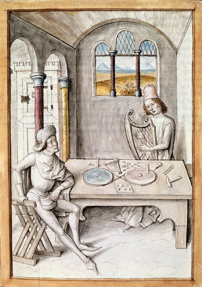 Håndverk: harpefaktor. Et verksted for instrumentproduksjon. Miniatyr fra et manuskript av "The Fables of Bidpai" av Unknown artist