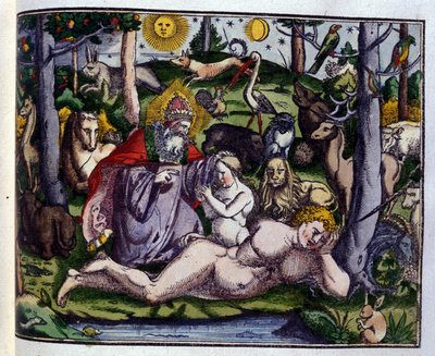Skapelse: Gud representert omgitt av mennesker og dyr (hund, trane, løve, hjort, bever, ape, enhjørning, villsvin, papegøyer, kanin...), ifølge Historiae animalium av Konrad Gesner, Tiguri av Unknown artist