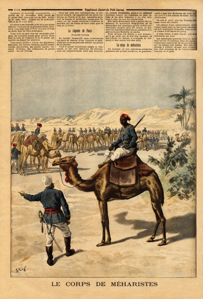 Opprettelse av et spesielt korps av meharister for den franske erobringen av Sudan, for å kjempe mot tuaregene. Meharis, kan holde seg en uke uten å spise, gå på trav i hastigheten til en galopphest, kan reise mer enn 100 kilometer om dagen, og de er av Unknown artist