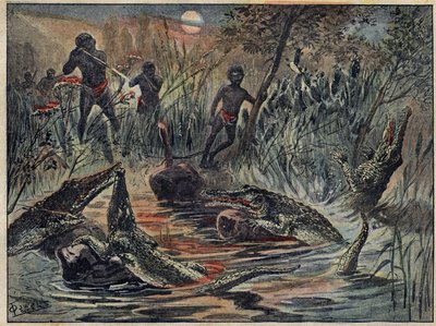 Krokodillejakt i Niger med et barn for åte. Illustrasjon i "" Le Pelerin"" av 4. desember av Unknown artist
