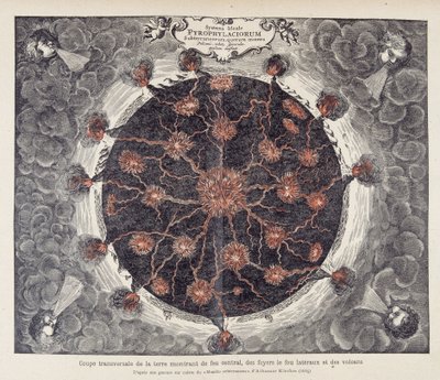Tverrsnitt av jorden som viser sentral ild, peiser og vulkaner, fra en kobbergravering av Athanase Kirchers "Mundus subterraneus"" (eller Athanasius Kircheri) av Unknown artist