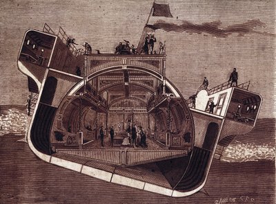 Tverrsnitt av en båt designet mot sjøsyke av Henry Bessemer (1813-1898). Gravering 1800-tallet. av Unknown artist