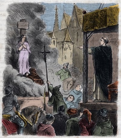 Korstog mot albigeois - Kjettere brent levende: katarer på bålet, på tidspunktet for korstoget mot albigenserne i Frankrike 1200-tallet - Gravering fra 1879 i "Histoire des Societes Secretes, Politiques et Religions" av Pierre Zaccone (1817) av Unknown artist
