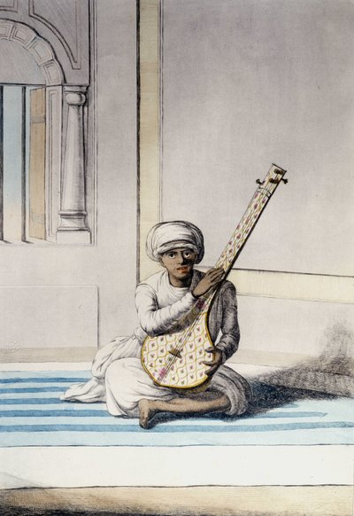 Kultur, sivilisasjon og indisk samfunn: Musiker som spiller Thambourah (Tamboura), tradisjonelt instrument i India. Gravering 1808. av Unknown artist
