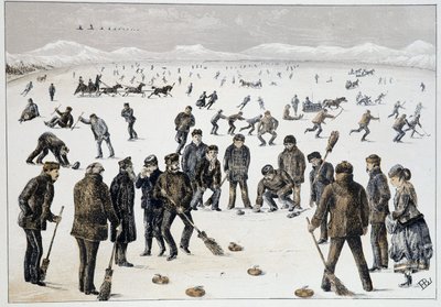 Curling på en frossen innsjø nær Halifax, Nova Scotia - i "" Skisser av kanadisk sport og tidsfordriv"" av Lieut. Henry Buckton Laurence av Unknown artist