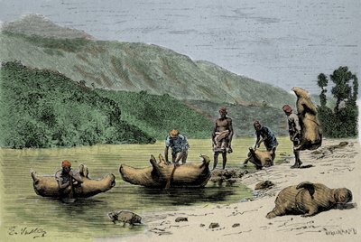Skikker og transportmetoder: skinn av oppblåste dyr som brukes til å krysse elver. Gravering fra 1800-tallet av Unknown artist