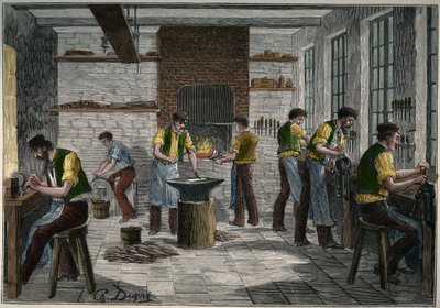 Bestikkverksted i Frankrike på 1800-tallet. Gravering fra 1885 i "" Les arts et metiers illustres"" av Adolphe BITARD. av Unknown artist