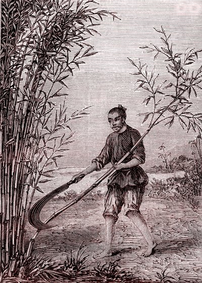 Skjæring av bambus, papirproduksjon i Kina (3. århundre f.Kr.) (gravering av Unknown Artist