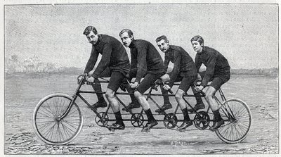 Cyclist on a bicycle called “quadruplette gladiator”. Engraving in “” La Nature”” av Unknown artist
