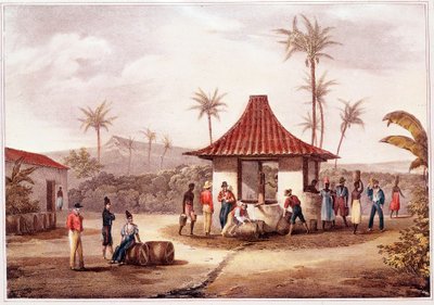 Daglig liv på Kapp Verde (Kapp Verde) Beboere i en landsby krysser ved fontenen. Litografi fra 1800-tallet. Lisboas historiske arkiv for Outremer av Unknown artist