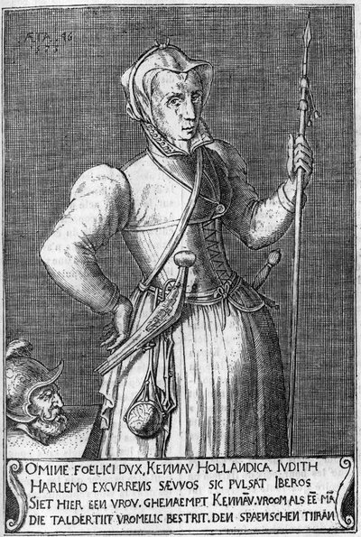 Dame Kenau Simonsdochter Hasselaer (1526-1588), heltinnen fra Haarlem (Holland) under kampen mot spanjolene i 1572. Gravering av 1600-tallet i likhet med Judith av Holoferne. av Unknown artist