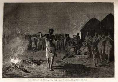Dans fra Malinkes, befolkningen og språket i Vest-Afrika (Guinee, Senegal, Mali og Elfenbenskysten), dansere samles ved nattens grav og danser rundt bålet til rytmen av tradisjonell musikk. Gravering for å illustrere historien til løytnant Mage av Unknown artist