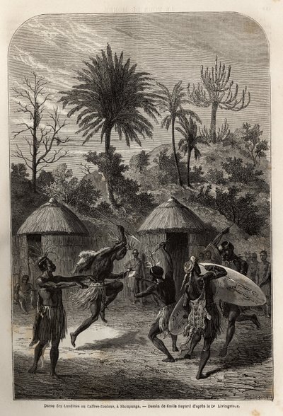 Dance of the Landines eller Zulu caffres i Shoupanga (høyre bredd av Zambeze-elven). Gravering for å illustrere Dr. Livingstones første reiser til Sør-Afrika fra 1840 til 1856, i «Le tour du monde, nouveau journal des voyages»» publisert under den dire av Unknown artist