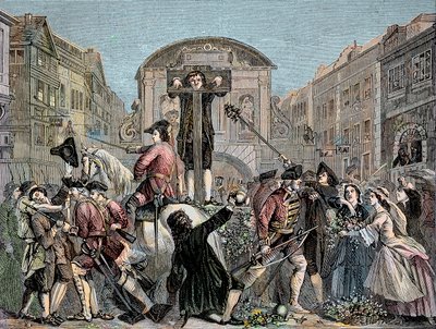 Daniel Defoe (De Foe) (1659-1731) ble pillet i London i 1703 for å ha publisert sin ironiske traktat "" The Shortest Way With the Dissenters""" - Forfatteren og eventyreren Daniel Defoe (1659-1731) dømte i 1703 til søylen. for hans manus mot int av Unknown artist