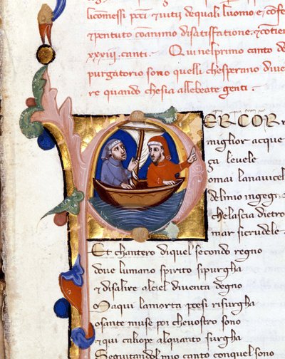 Dante Alighieri: Guddommelig komedie (guddommelig komedie) begynnelse av skjærsilden. Dante og Virgil. manuskript fra 1300-tallet. Milano bibl. Trivulziana av Unknown artist