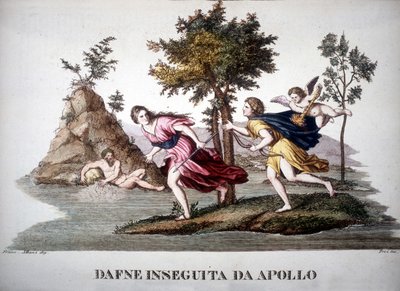 Daphne forfulgt av Apollon - i Mythological Dictionary av Unknown artist