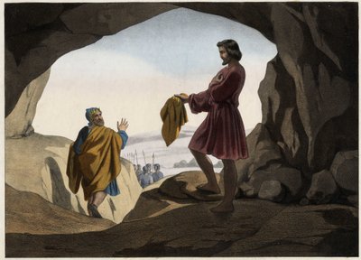 David showed Saul the piece of his mantle: David refused to kill King Saul, who was delivered by God into the cave, and cut only a piece of his mantle. Anonymous engraving from the middle of the 19th century. av Unknown artist