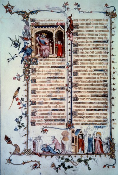 David truer av Saul. Allegori om grådighet. Nattverdens sakrament. Allegori om veldedighet. Miniatyr hentet fra salmen "Breviaire de Belleville"" av Unknown artist