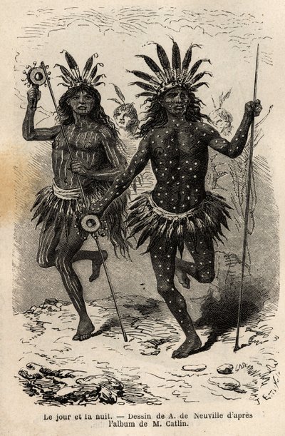 Dag og natt, malerier på kroppen til danserne fra den religiøse seremonien og forsoningen, henrettet av høvdingene og hans følgesvenner, blant Mandans-indianerne (eller noumah ka kie: fasaner), på venstre bredd av Missouri. Gravering for å illustrere en ek av Unknown artist