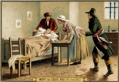 Ludvig XVIIs død (08.06.1795). 1800-talls kromolitografi. av Unknown artist