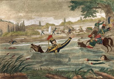 Død av prins Joseph (Jozef) Antoni Poniatowski (født 1763) ved passasjen av Eelster i 1813, gravering av tiden av Unknown artist