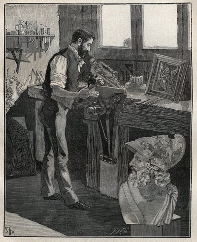 Dekor av sølvtøy: bronsemeiseller. Gravering fra 1885 i "" Les arts et metiers illustres"" av Adolphe BITARD. av Unknown artist