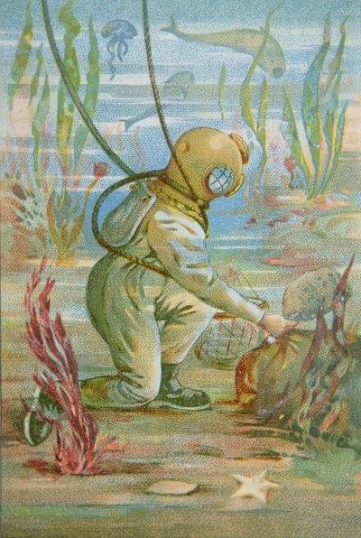 Deep Sea Diver, ca. 1890 (farge litho) av Unknown artist