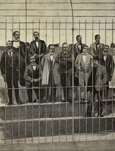 Angeklagte im Prozess gegen Giuseppe de Felice Giuffrida (1859-1920) und Begleiter, Palermo, Italien, Gravur aus einem Foto von E Interguglielmi aus L