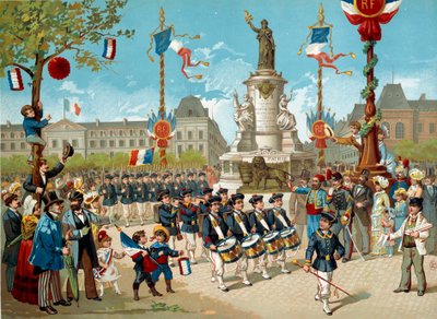 Besmitte barna til skolebataljonene på Place de la Republique den 14.07.1883 i Paris. Litografi av Paris fra 1800-tallet, Musee Carnavalet av Unknown artist