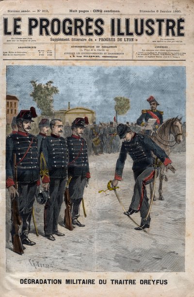 Degradering av Alfred Dreyfus - Dreyfus-saken: Degradering av Alfred Dreyfus på gårdsplassen til Militærskolen, Paris, 5. januar 1895 - Gravering i "The illustrious progress" fra 1895 - av Unknown artist
