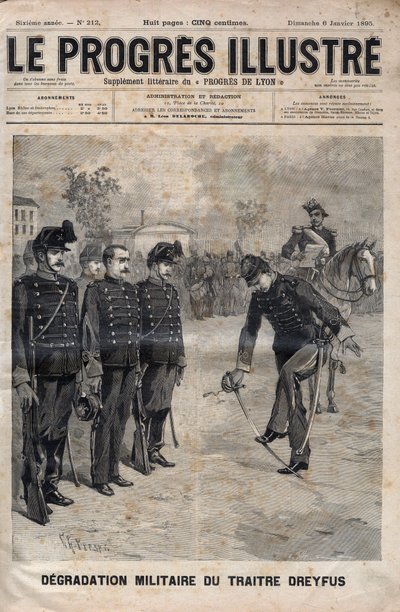 Degradering av Alfred Dreyfus - Dreyfus-saken: Degradering av Alfred Dreyfus på gårdsplassen til Militærskolen, Paris, 5. januar 1895 - Gravering i "The illustrious progress" fra 1895 - av Unknown artist