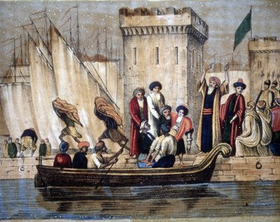 Avreise fra maurerne i Alger, etter koloniseringen av franskmennene, blir en alder eller syk mann lastet på en båt. 1800-tallet av Unknown artist
