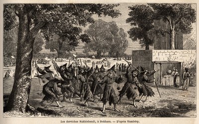 Dervishes Nakhisbendi, en persisk bokhara, Iran). Tegning av Emile Bayard (1837-1891), for å illustrere reisen til Sentral-Asia, i 1863, av Arminius Vambery (ungarsk vitenskapsmann forkledning i dervisj). Gravering i "" Le tour du monde"", redigert av Edou av Unknown artist