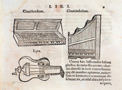 Beskrivelse av cembalo og lyre (?) Side fra Musurgia eller utøvelse av musikk av Unknown artist
