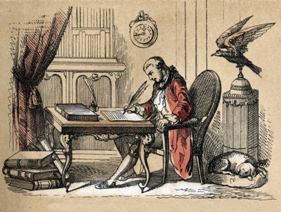Description of different products and uses of paper: portrait of Georges Louis Leclerc, Count of Buffon, naturalist and writer (1707-1788) writing his Natural History. Plate “” Le papier et ses produits”” in “” les Recreations instructives”” Synoptique pai av Unknown artist