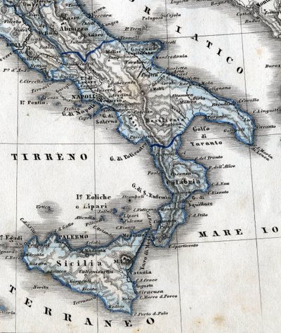 Detail of a geography map representing Southern Italy (Campania, Calabria, Sicily, Puglia, Molise Abruzzo regions). 19th century av Unknown artist