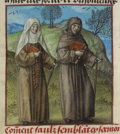 Detalj av en miniatyr av Abstinence Contrainte (Forced Abstinence) og Faux Semblant (False Seeming) på vei for å se Malebouche (Evil Tongue), fra 