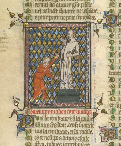 Detalj av en miniatyr av Pygmalion foran statuen, fra 