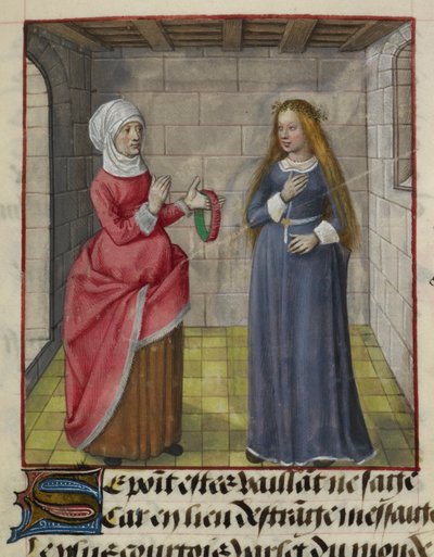 Detalj av en miniatyr av la Vieille (Duenna) og Bel Accueil (Fair Welcome), fra 